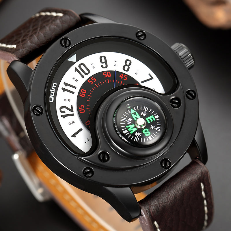 New Sport Watches Men Decorative Compass Unique Design Male Quartz Clock Men's Leather Strap Casual Wrist Watch